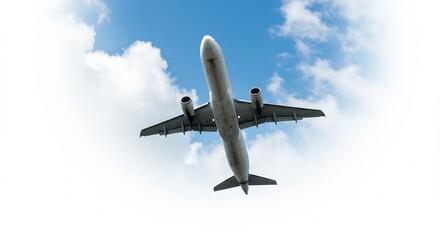 Airplane ascends gracefully through bright sunny skies puffy clouds. AI Generated