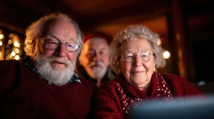 A heartwarming scene of seniors enjoying each other's company and watching a device by the firelight, representing connection, companionship, and the joys of aging gracefully.