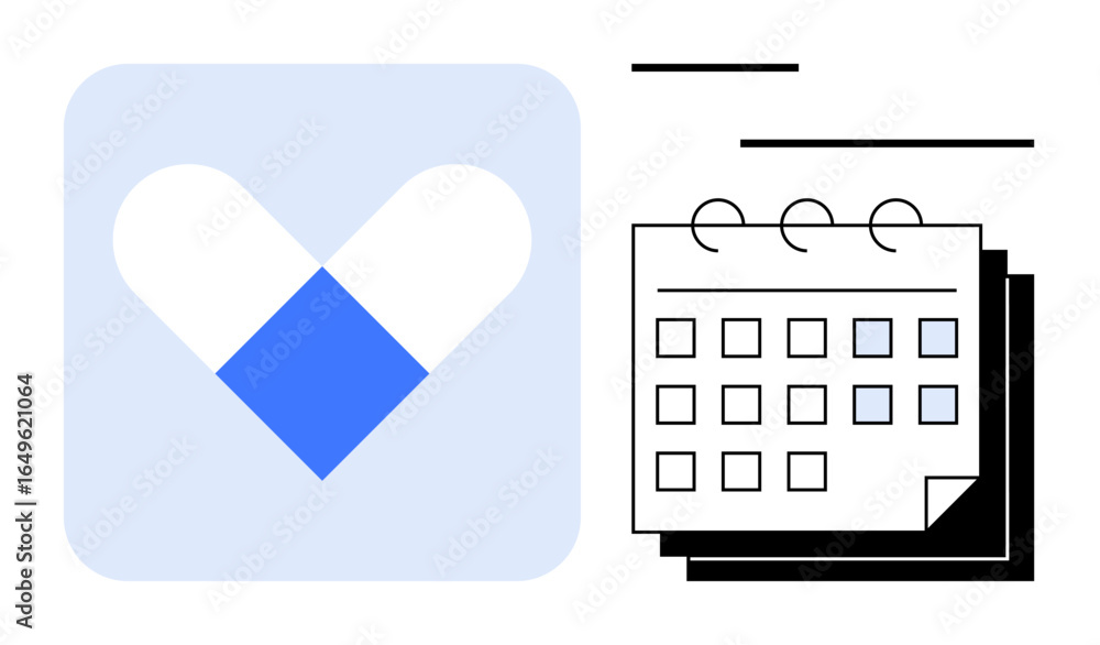 Poster heart-shaped design in square background next to a spiral-bound calendar with marked dates. ideal fo