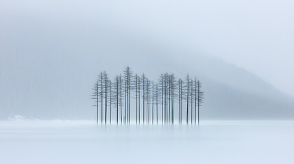 Enchanting foggy forest scene with tall trees and mysterious atmosphere in nature's embrace