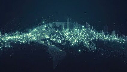 Global city lights on a stylized world map.  Digital cityscape overlay