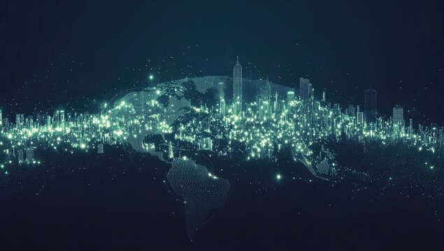 Global city lights on a stylized world map.  Digital cityscape overlay