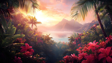 Tropical paradise featuring colorful flowers and tall palm trees against a bright blue sky