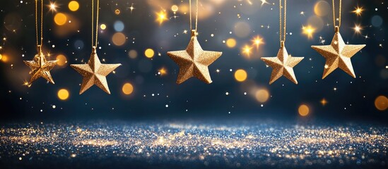 Gold stars hanging from strings against a dark background with bokeh lights and glitter