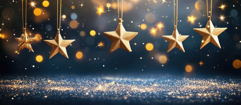 Gold stars hanging from strings against a dark background with bokeh lights and glitter