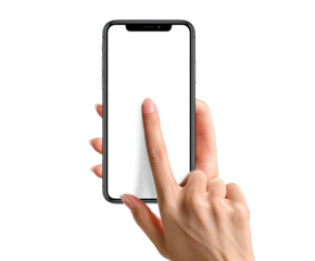 Hand holding a smartphone with a blank screen, finger touching the display