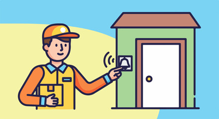 Delivery Person Rings Doorbell Holding Package with Friendly Expression.