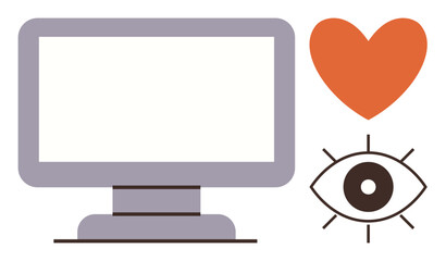 Computer monitor, orange heart, and stylized eye symbolizing technology, creativity, communication, and digital engagement. Ideal for connection, innovation, design focus user experience empathy