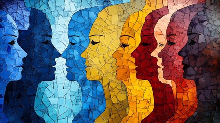 Obraz premium Abstract mosaic faces representing diversity and equality in a colorful and artistic photo.
