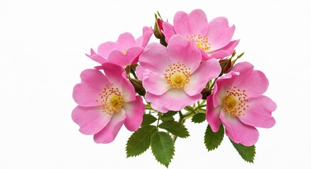 Delicate pink roses bloom brightly against a stark white background. AI Generated