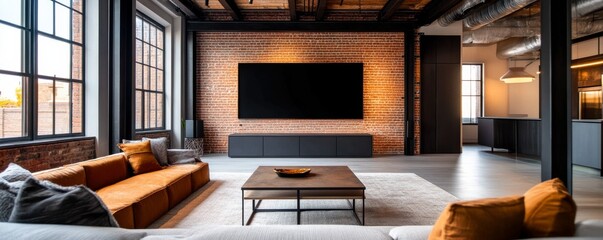 Modern Living Room With Brick Wall, Orange Sofa and Large Windows, Interior , Design