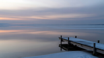 Tranquil winter sunset over a snowcovered lake with a wooden dock extending