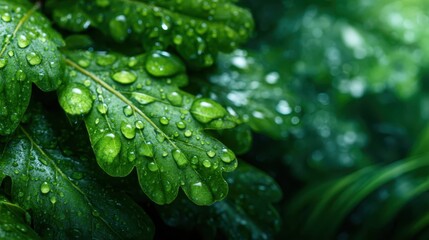 Capturing the lush greenery, this image showcases vibrant leaves adorned with glistening water droplets, highlighting the beauty of nature in its purest form.
