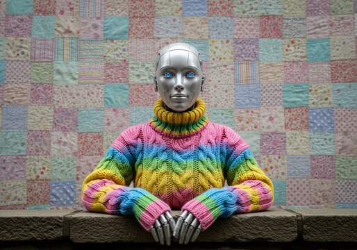 Futuristic Humanoid Robot Wearing Colorful Rainbow Knit Sweater in Front of Patchwork Quilt Background