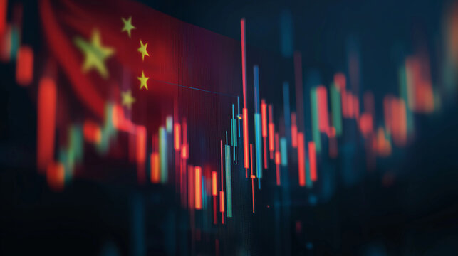 Dynamic China stock market graph with red and green candlesticks and flag backdrop