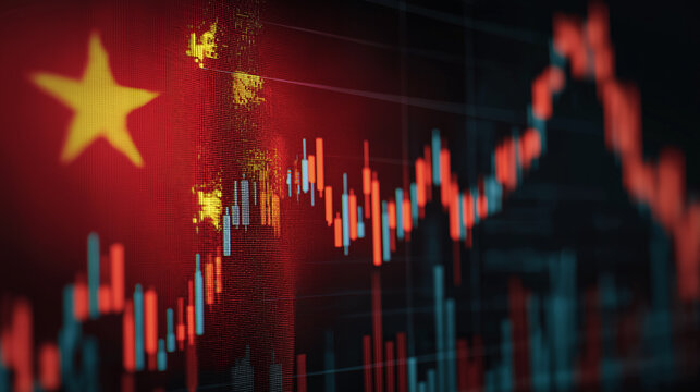Dynamic China market data analysis displayed on screen with glowing stock charts and flag overlay