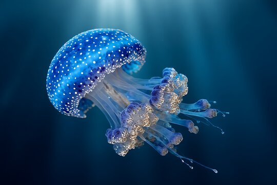 Blue Spotted Jellyfish with Sunbeams Filtering Through Deep Blue Water marine life ocean