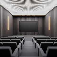 Fototapeta premium Modern Movie Theater Interior with Black Seats and Striped Walls, cinema, auditorium