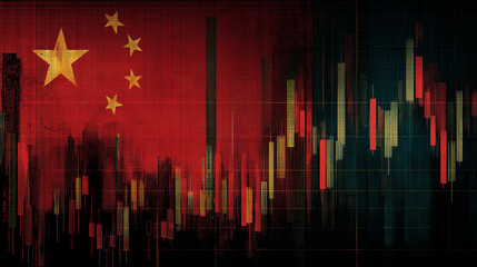 Dynamic China stock market chart with flag overlay and city skyline abstract