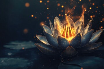 Fiery lotus flower, dark background, glowing petals