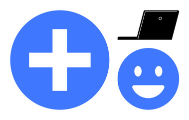 Obraz premium Blue plus sign, happy face, and sleek black laptop symbolize health, happiness, technology. Ideal for healthcare, wellness, positivity, productivity digital tools online platforms simple landing