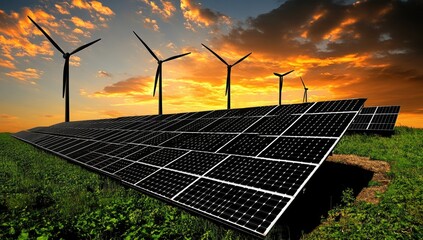 Wind turbines and solar panels at sunset.  A field of solar panels stretches across a grassy field at the base of several wind turbines, under a vibrant orange and gold sunset sky