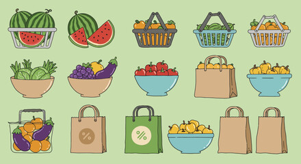 Collection of Vector Illustrations of Fruits and Vegetables in Various Containers