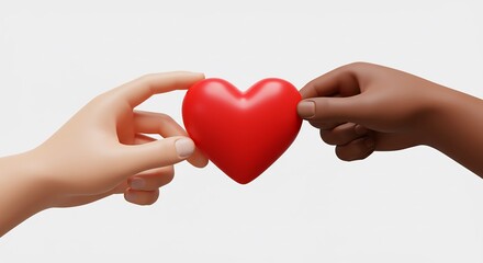 Obraz premium Two hands gently share a vibrant red heart symbol against a soft white background.. AI Generated