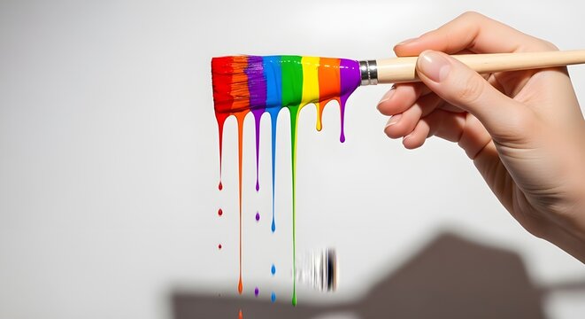 Rainbow Paintbrush with Dripping Paint Held by Hand | Creative Colorful Design for Art Projects, Pride Celebrations and LGBTQ+ Marketing