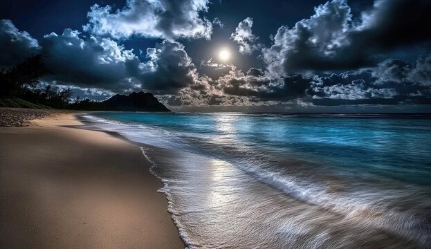 Moonlight beach scene. Dark clouds, full moon, and a tranquil turquoise ocean wash onto a sandy shore