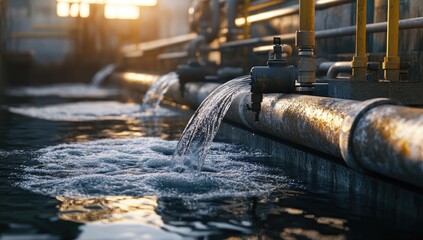Industrial water flow from pipes into a basin.  Pipes with rusty metal, water jets, and a dark pool of water. Sunlight highlights the scene