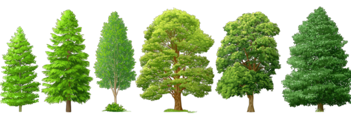 Row of various trees in vibrant green