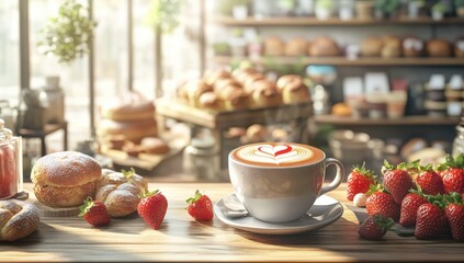 A warm, sunny caf? scene. A latte art heart graces a light-grey mug, positioned on a wooden counter with fresh strawberries and pastries.  Sunlight streams through large windows.