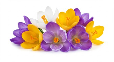 Obraz premium Vibrant purple yellow white crocus flowers bloom brightly against pure white background. AI Generated