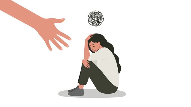 Animation of a hand helps helping a depressed woman. The concept of psychological support for people under stress and apathy.