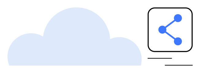 Blue cloud alongside a sharing network icon with connected dots and lines. Ideal for data sharing, cloud services, technology, networking, digital storage, collaboration, simple landing page