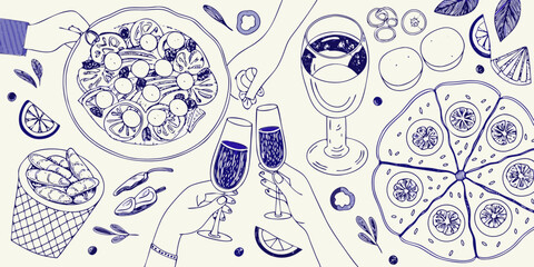 Friends celebrating with food and drinks in a festive toast