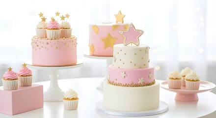 Pink and White Cakes and Cupcakes with Gold Stars | Elegant Dessert Table for Baby Shower, Birthday Party, and Sweet Celebration