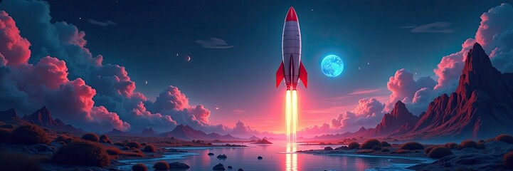 Obraz premium Rocket launching into a vibrant, colorful night sky.