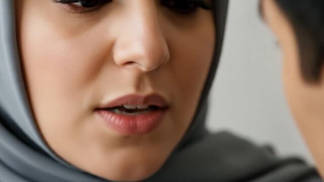 Close-up of a Muslim Woman Whispering Secrets to Someone, Creating an Intimate Scene