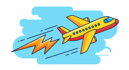 Naklejka premium Vibrant Yellow and Red Jet Airplane Soaring Through Blue Sky.