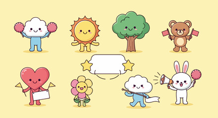 Adorable Cartoon Characters Parade - Cloud, Sun, Tree, Bear, Heart, Flower, Bunny.