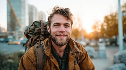 A bearded man in brown attire smiles warmly, set against a glowing sunset backdrop in the city, conveying a sense of adventure and connection to nature and urban life.
