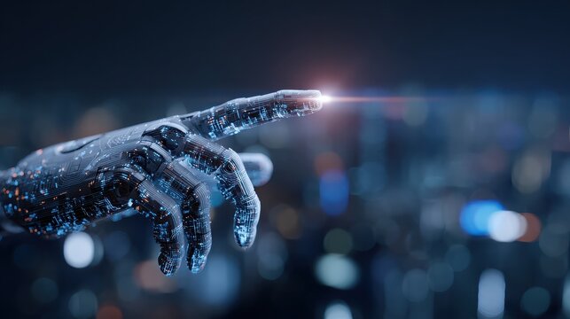 Robotic hand with circuit design reaching out on a blurred cityscape - Powered by Adobe