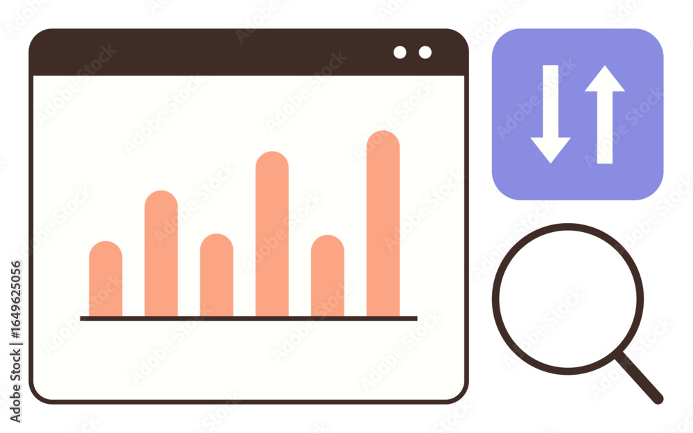 Poster bar chart inside browser window, magnifying glass, and up-down arrows represent data analysis, perfo