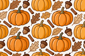 Seamless autumn-themed pattern with pumpkins, leaves, acorns, and cinnamon sticks. Warm color palette: orange, brown, beige. Cozy, hand-drawn flat style