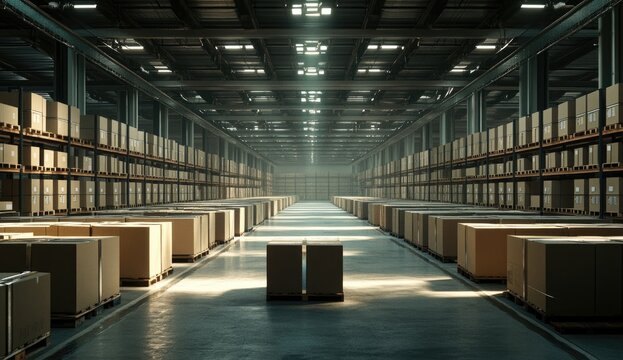 Interior of a large warehouse.  High shelves filled with cardboard boxes.  Natural light streams in from overhead.  Empty central aisle