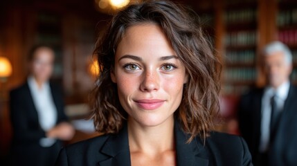 A close-up portrait of a confident businesswoman displaying professionalism and determination, set against a rich library backdrop, emphasizing empowerment in the workplace.