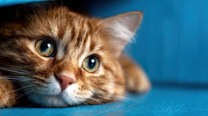 An adorable ginger cat rests peacefully, gazing intently with bright eyes against a vivid blue background, showcasing the charm and beauty of feline tranquility.