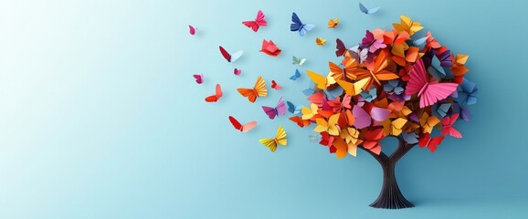 Colorful paper butterflies form a tree against a light blue backdrop